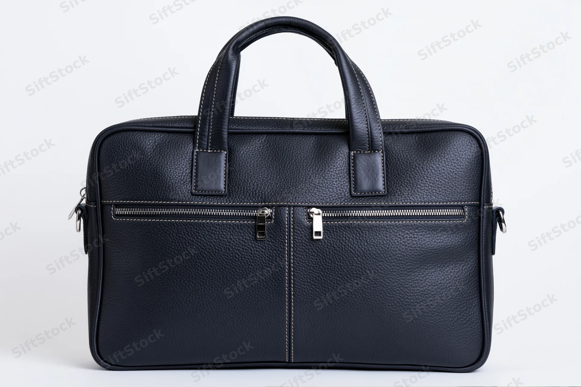 Black pebbled leather briefcase standing upright with top handle and front zippers on white background
