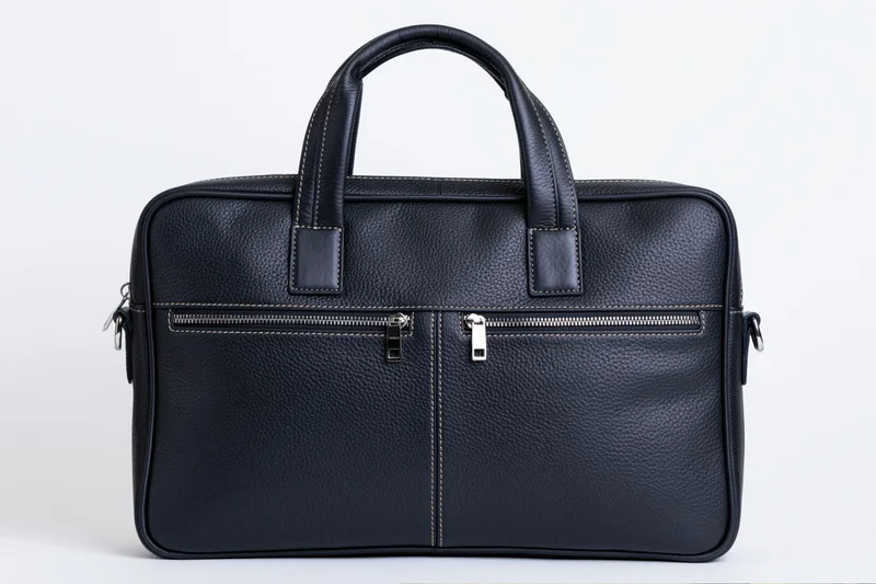 Black pebbled leather briefcase standing upright with top handle and front zippers on white background