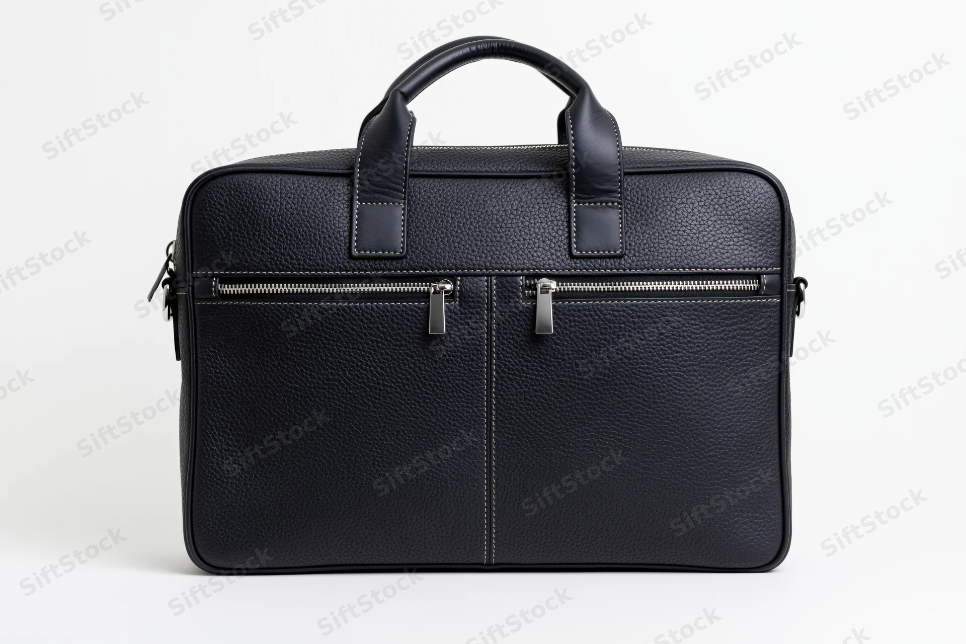 Black pebbled leather briefcase standing upright facing forward on white background