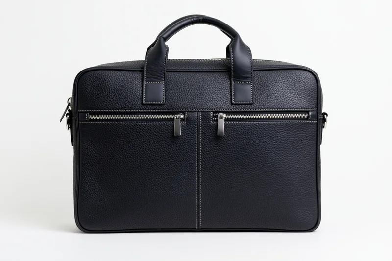 Black pebbled leather briefcase standing upright facing forward on white background