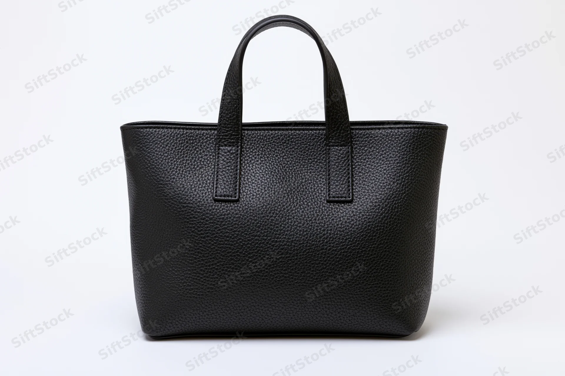 Black pebbled leather tote handbag with two short top handles on white background