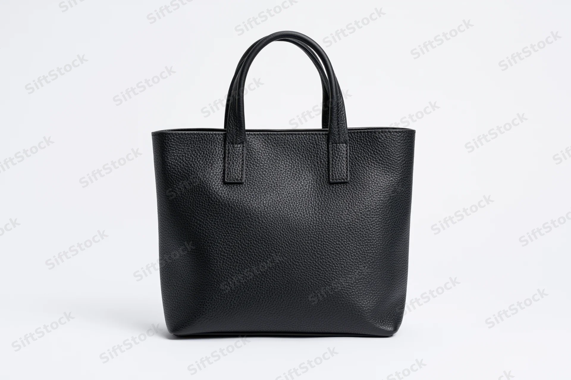 Black pebbled leather tote handbag with short top handles on white background