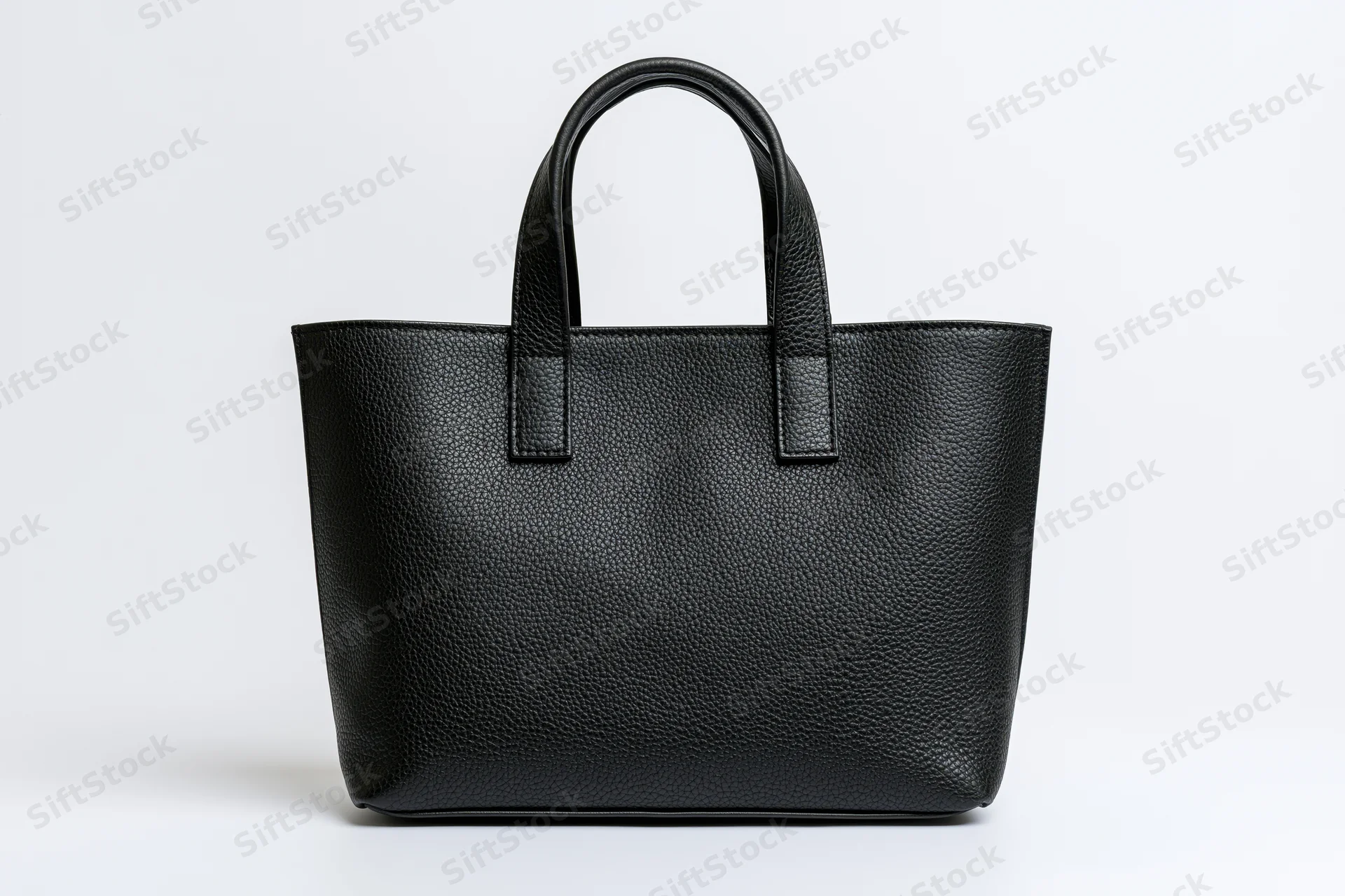 Black pebbled leather tote handbag with short top handles on white background