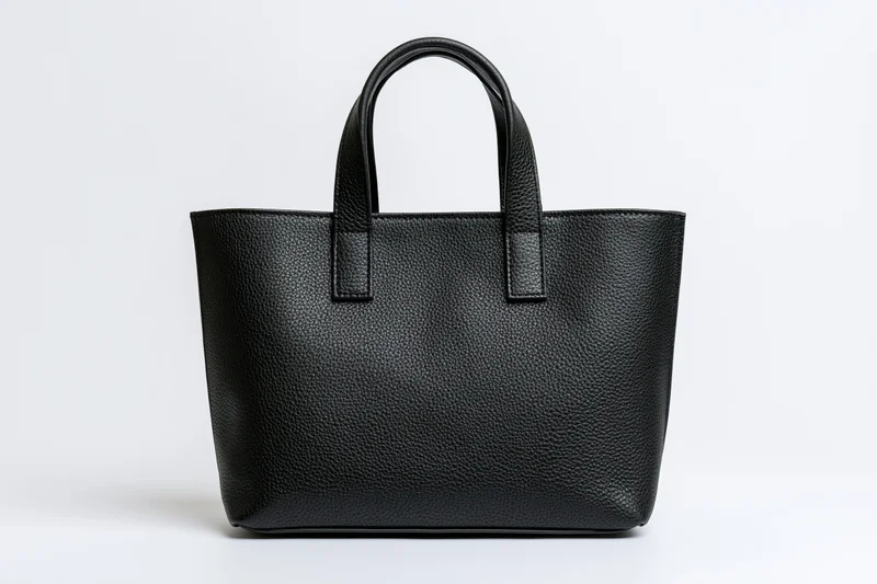 Black pebbled leather tote handbag with short top handles on white background