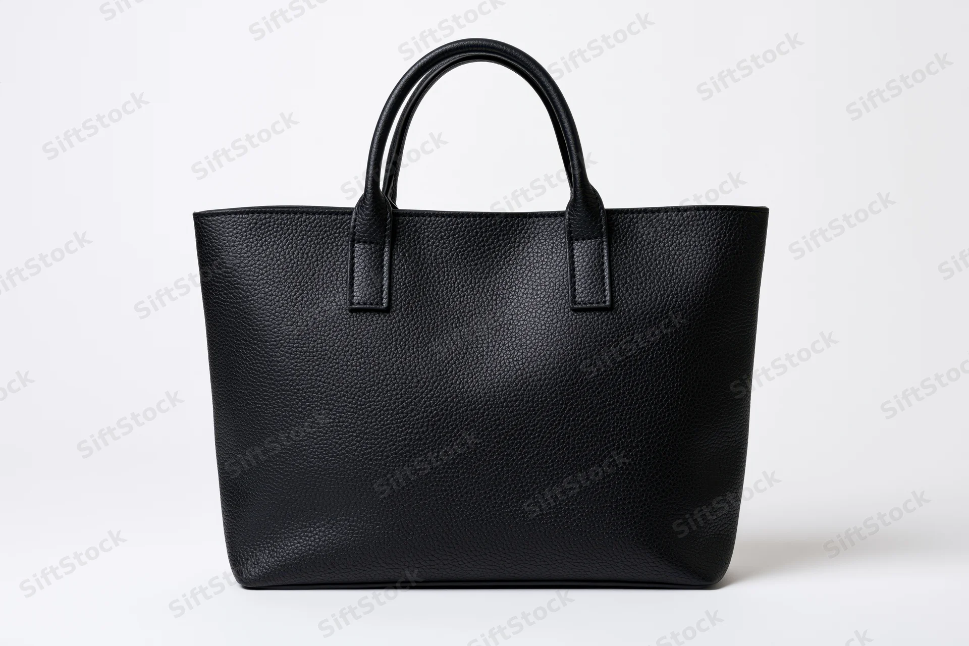 Black pebbled leather tote handbag with short top handles on white background