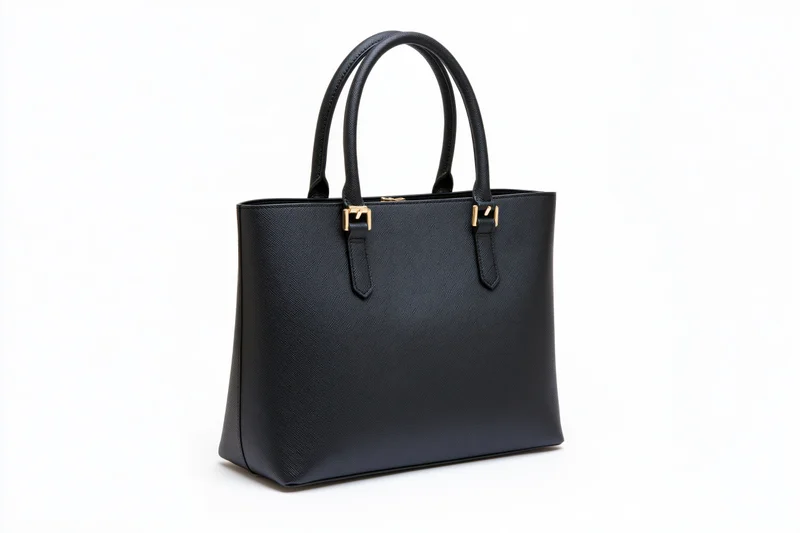Black saffiano leather structured tote handbag with twin roll handles on white background