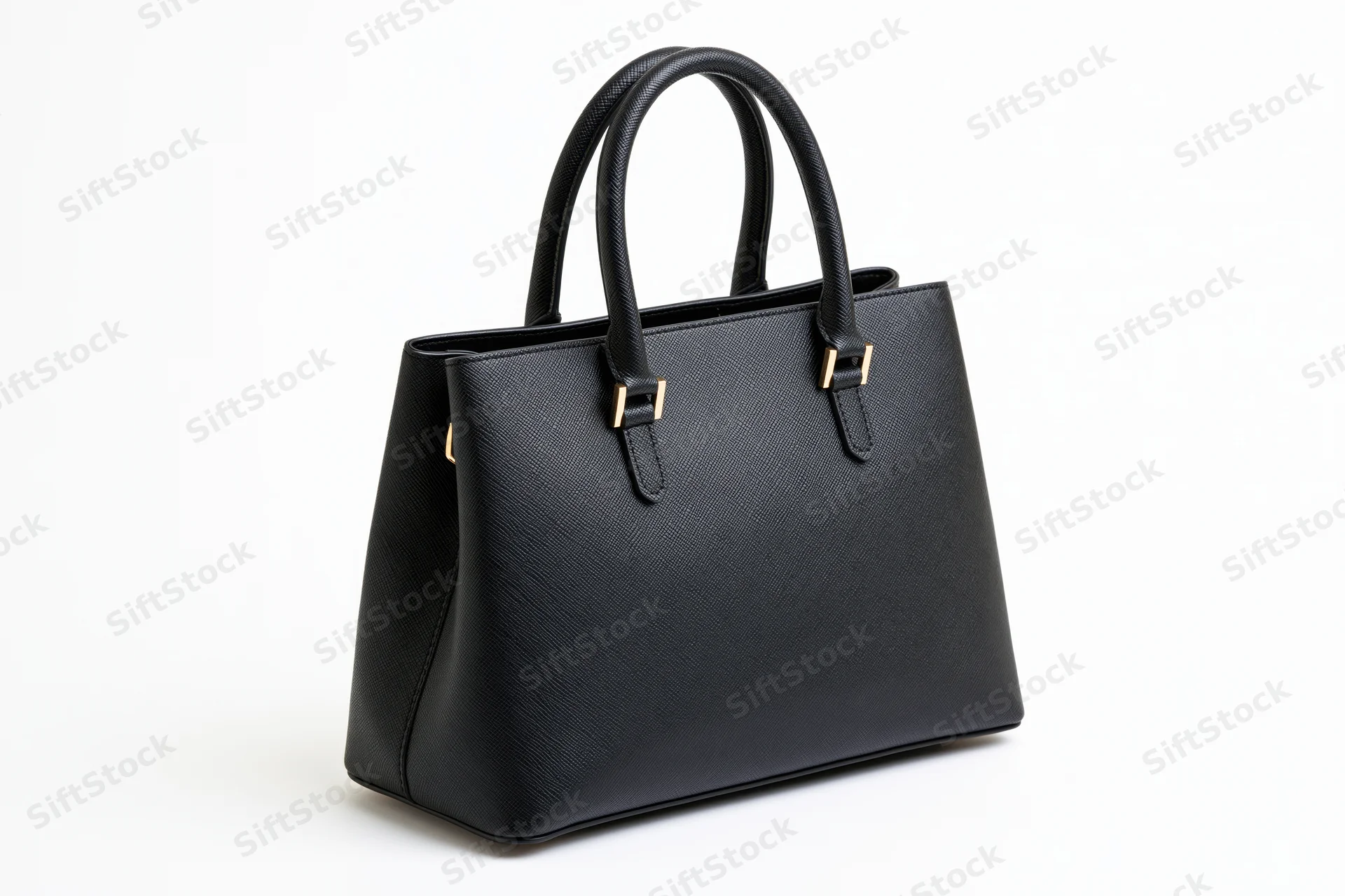 Black saffiano leather structured tote handbag with twin roll handles on white background