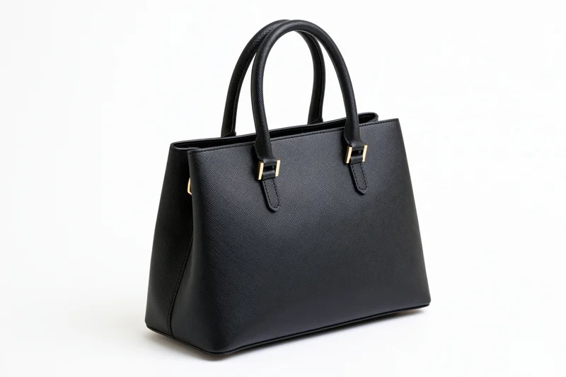 Black saffiano leather structured tote handbag with twin roll handles on white background
