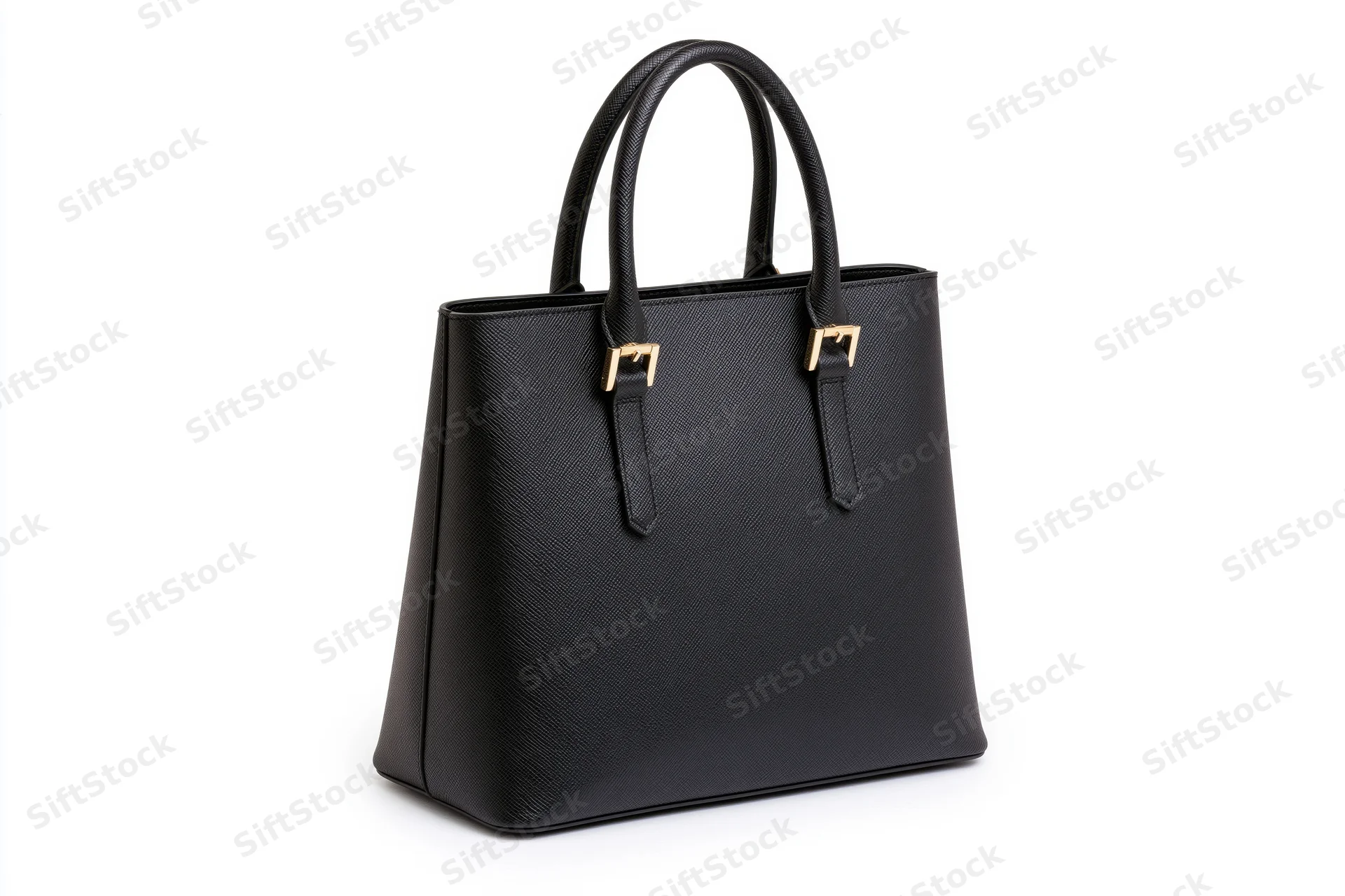 Black saffiano leather structured tote handbag with twin roll handles on white background