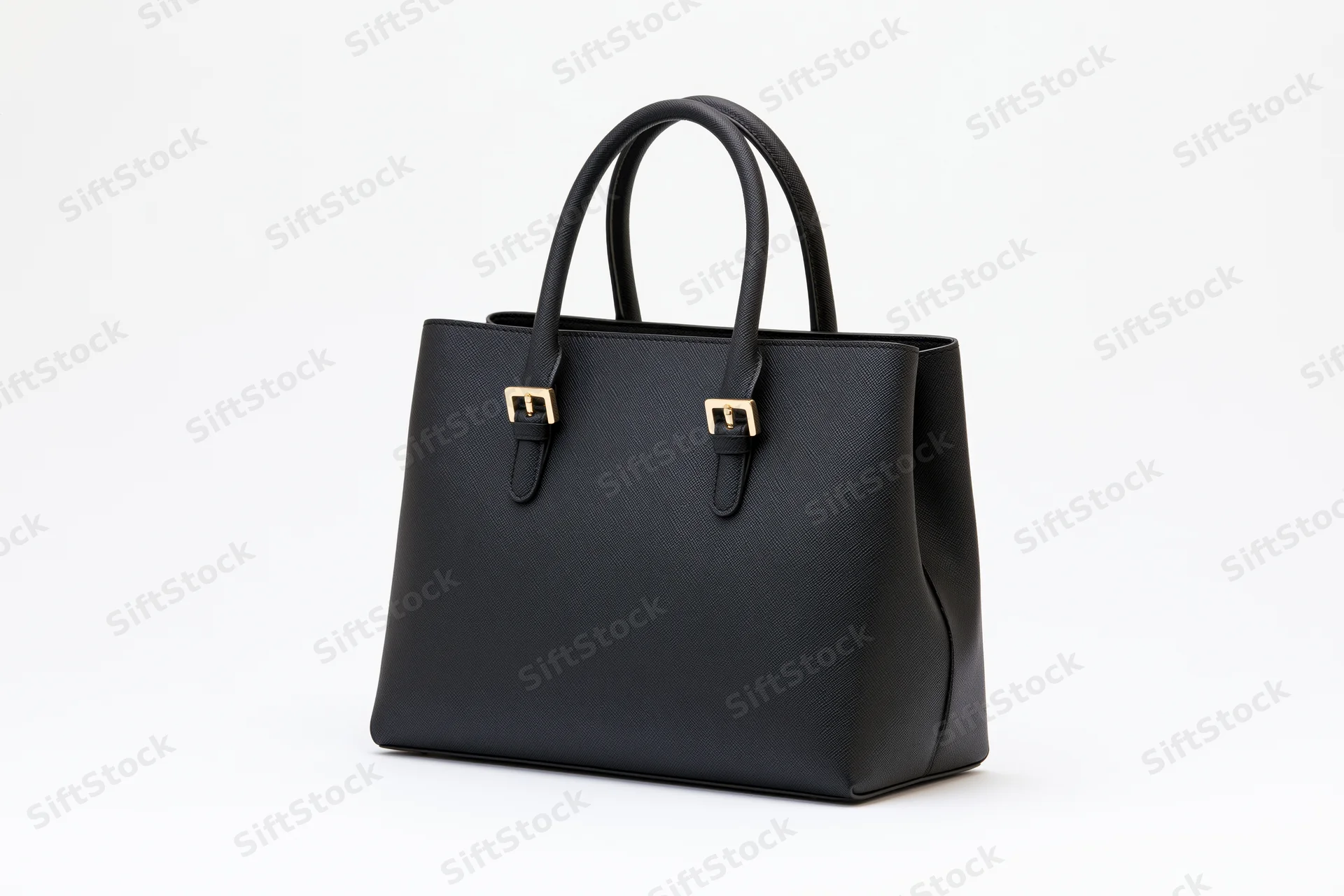Black saffiano leather structured tote handbag with twin roll handles on white background