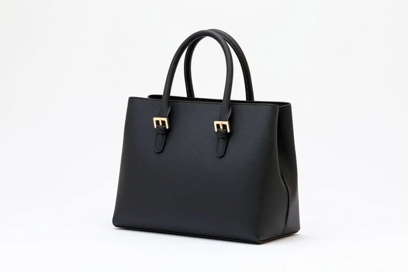Black saffiano leather structured tote handbag with twin roll handles on white background