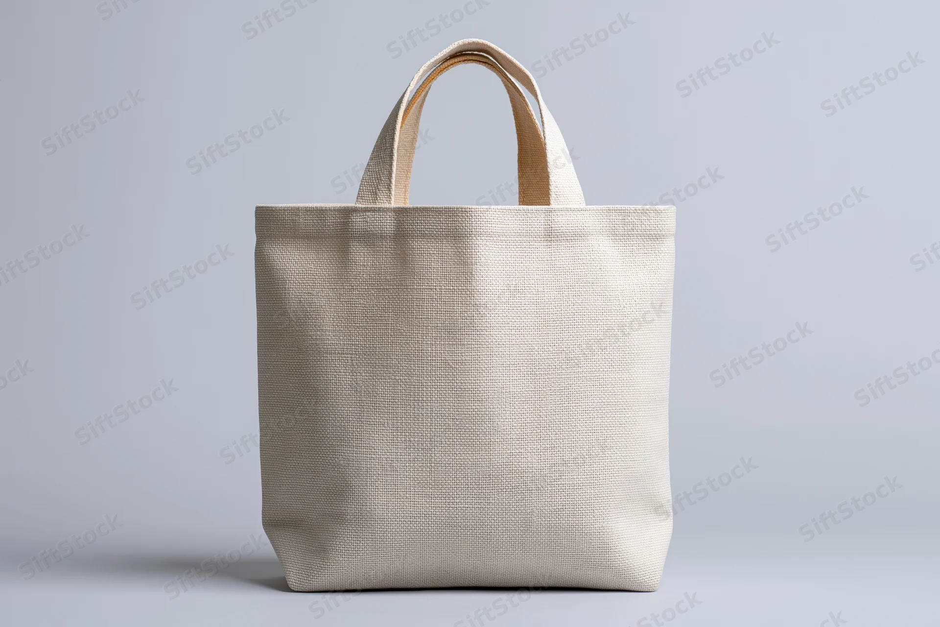 Blank canvas tote bag standing upright centered against a plain white background
