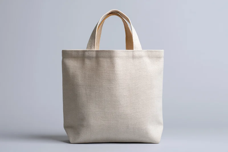 Blank canvas tote bag standing upright centered against a plain white background