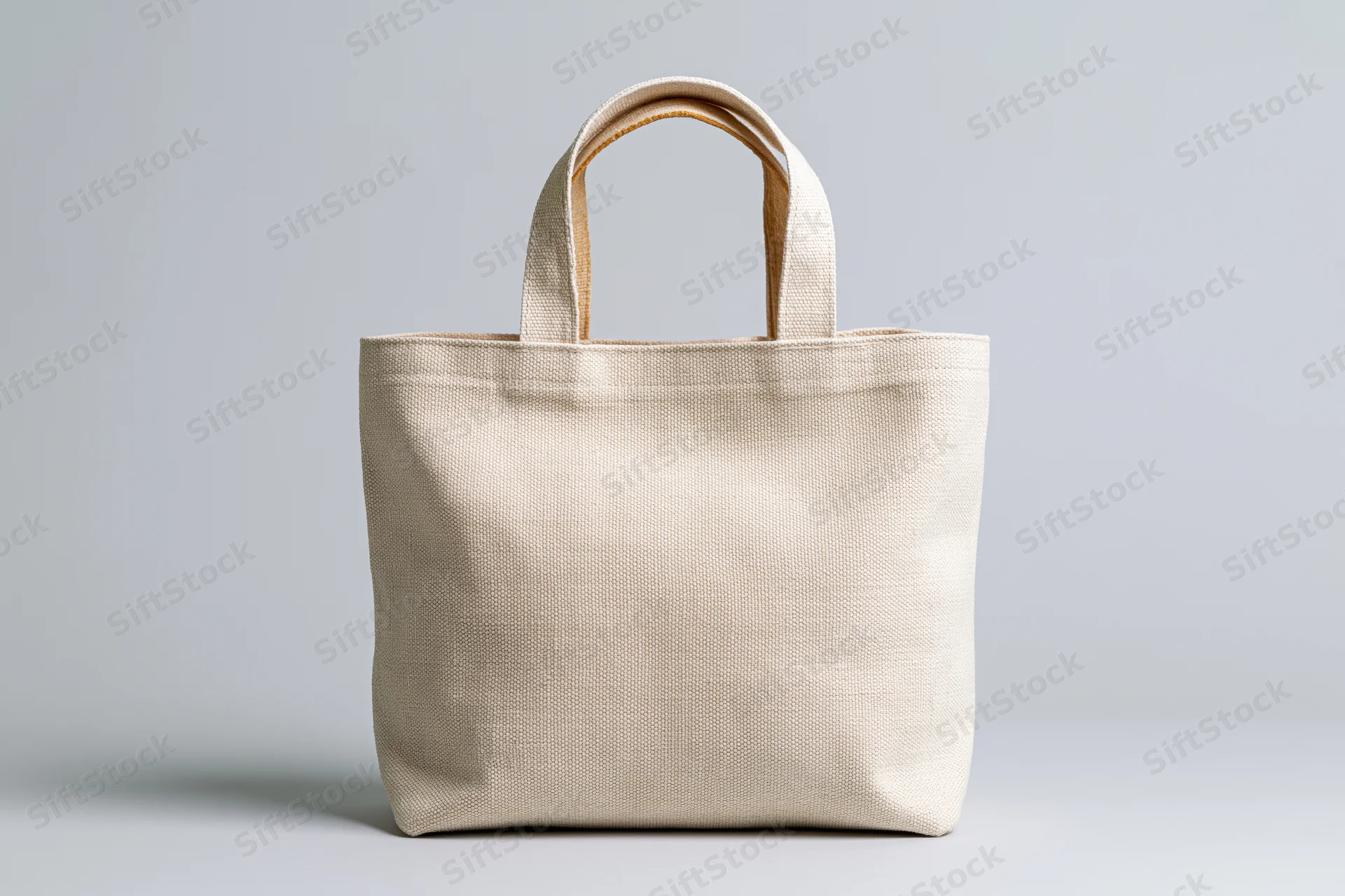 Blank canvas tote bag standing upright centered against a plain light gray background