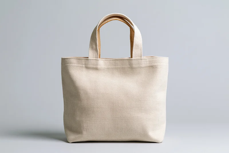 Blank canvas tote bag standing upright centered against a plain light gray background