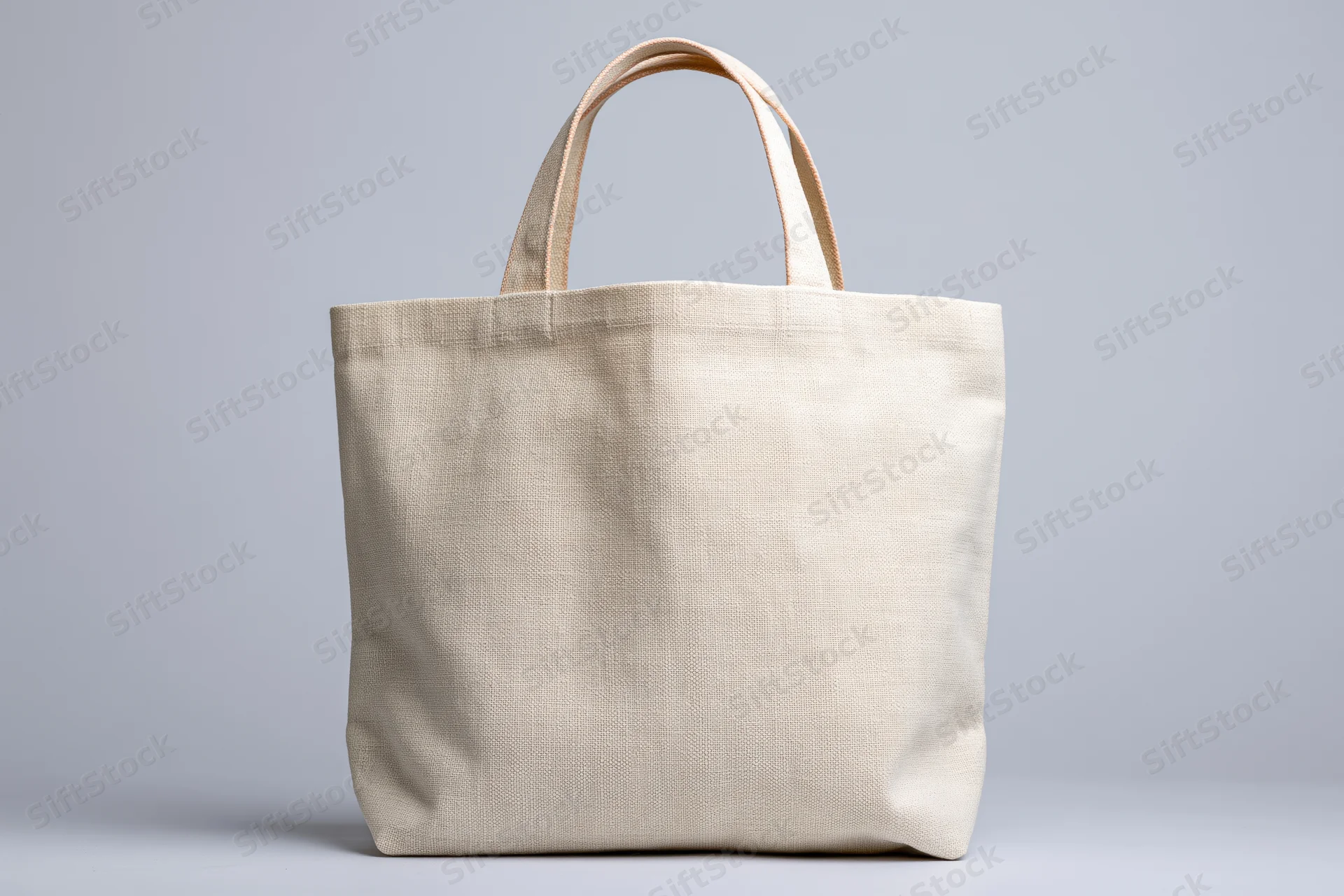 Blank canvas tote bag standing upright centered against a plain white background