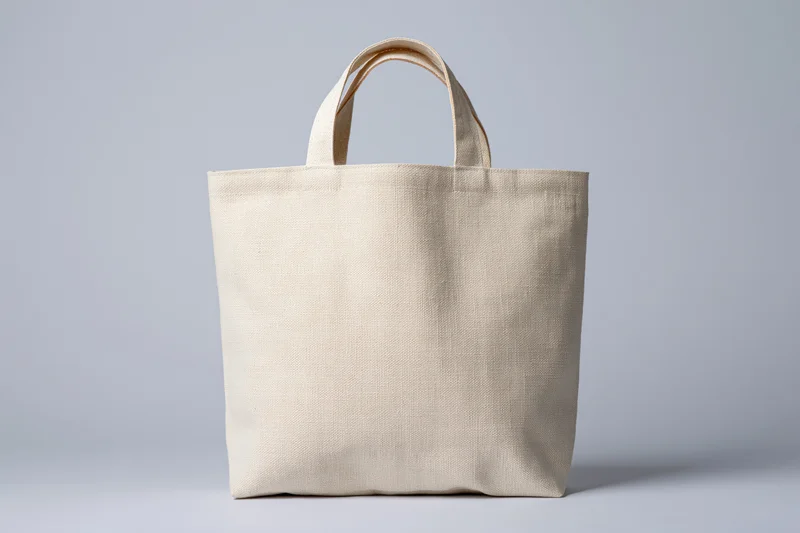 Blank canvas tote bag standing upright centered against a plain gray background