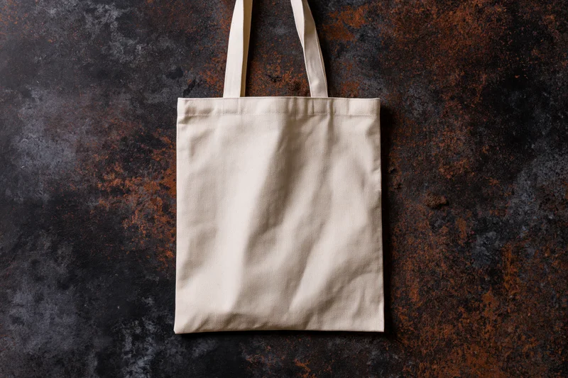 Cream canvas tote bag hanging flat against dark mottled textured background
