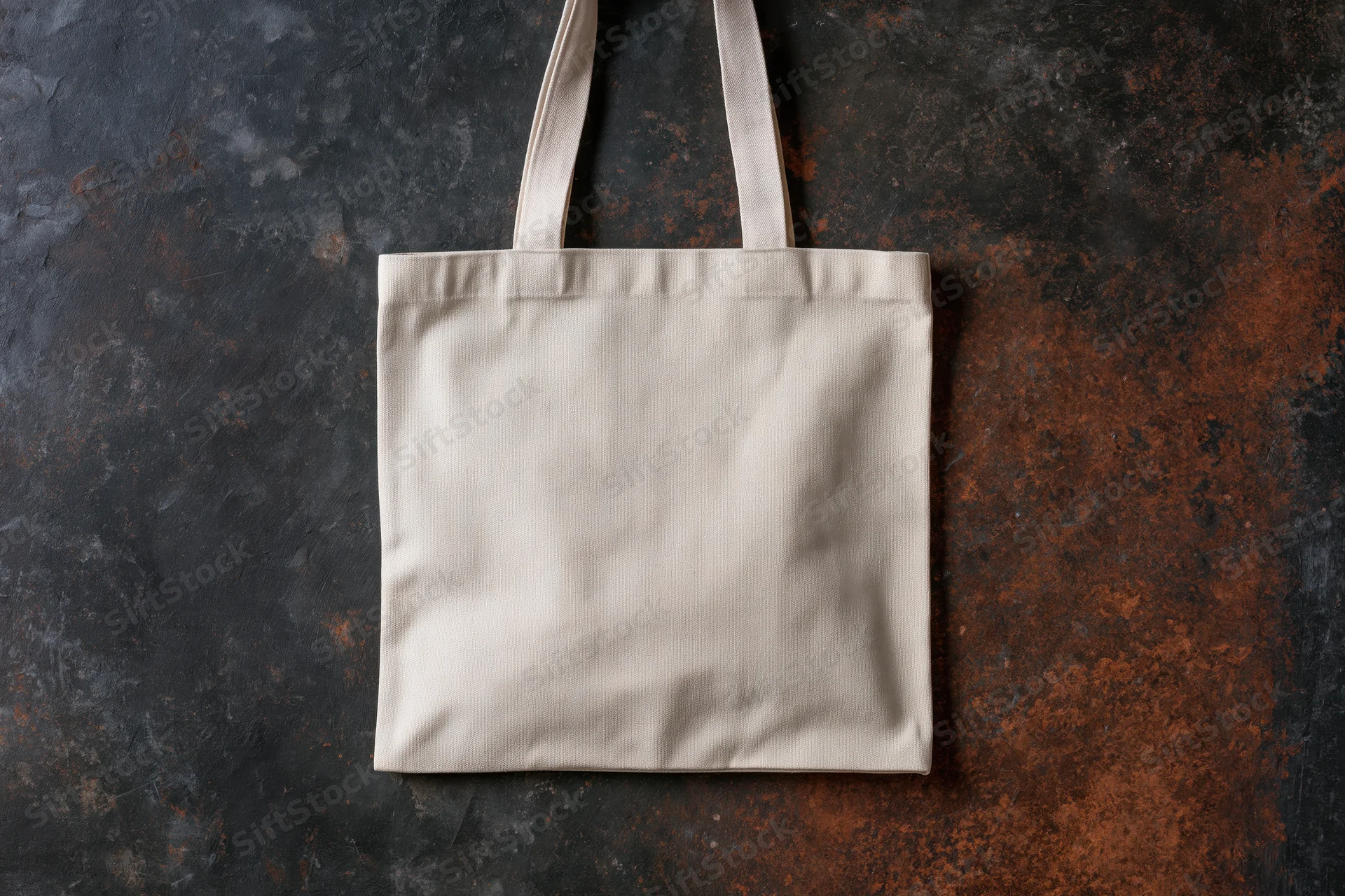 Cream canvas tote bag hanging flat against dark mottled textured background
