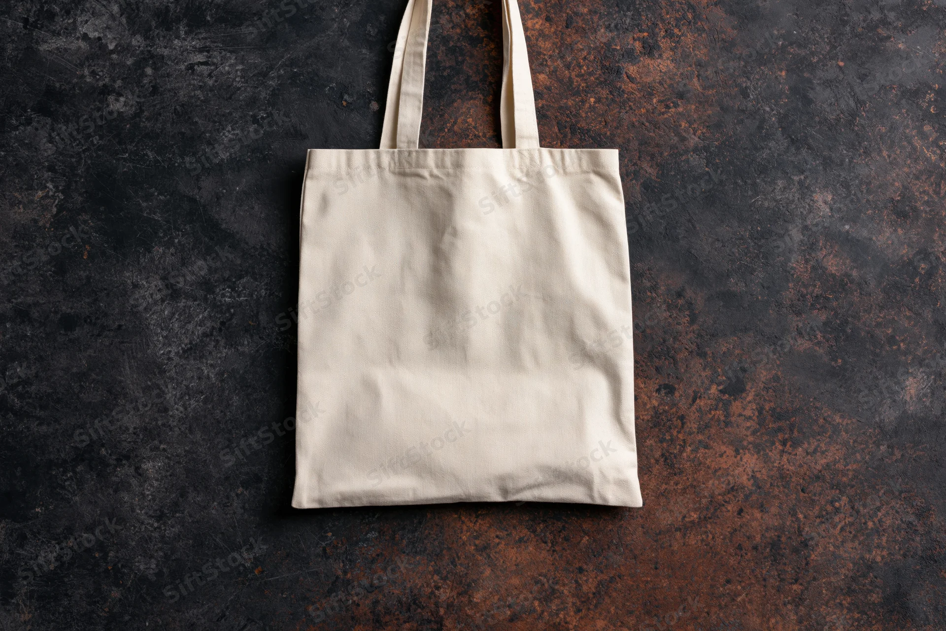 Cream canvas tote bag hanging flat against dark mottled textured background