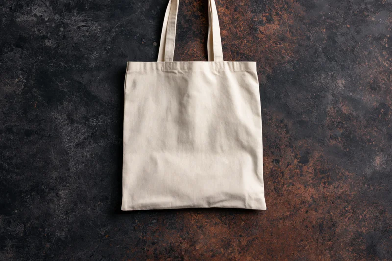 Cream canvas tote bag hanging flat against dark mottled textured background