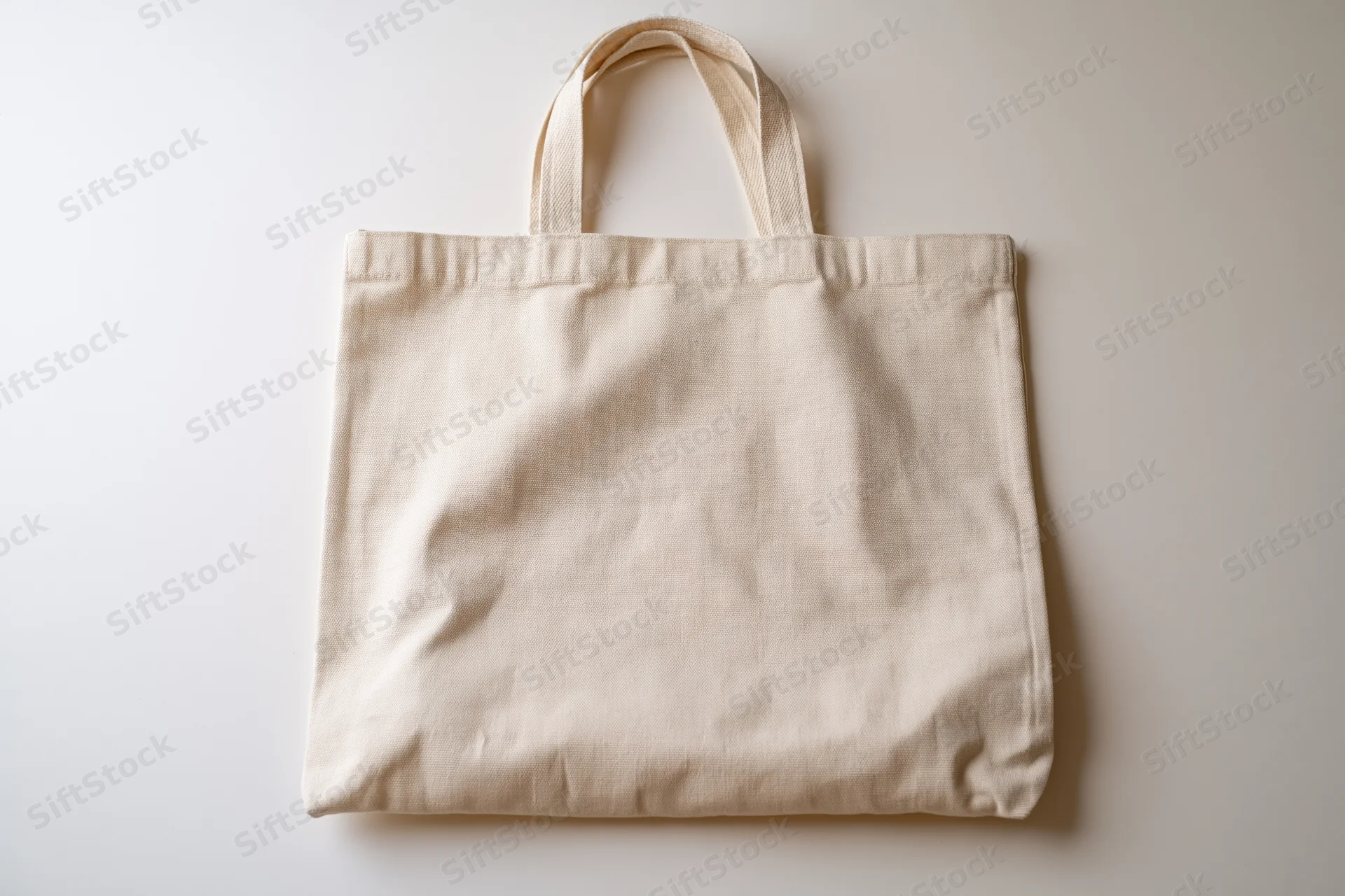 Cream canvas tote bag laid flat on white surface with copyspace for design or branding