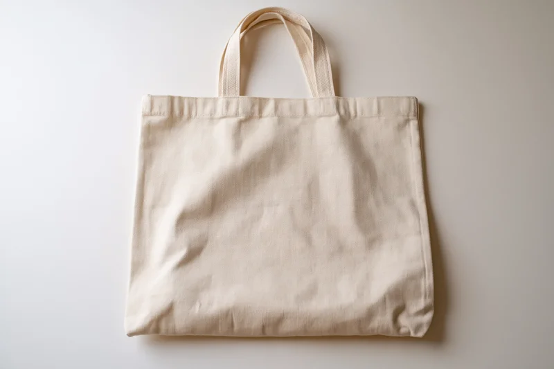 Cream canvas tote bag laid flat on white surface with copyspace for design or branding