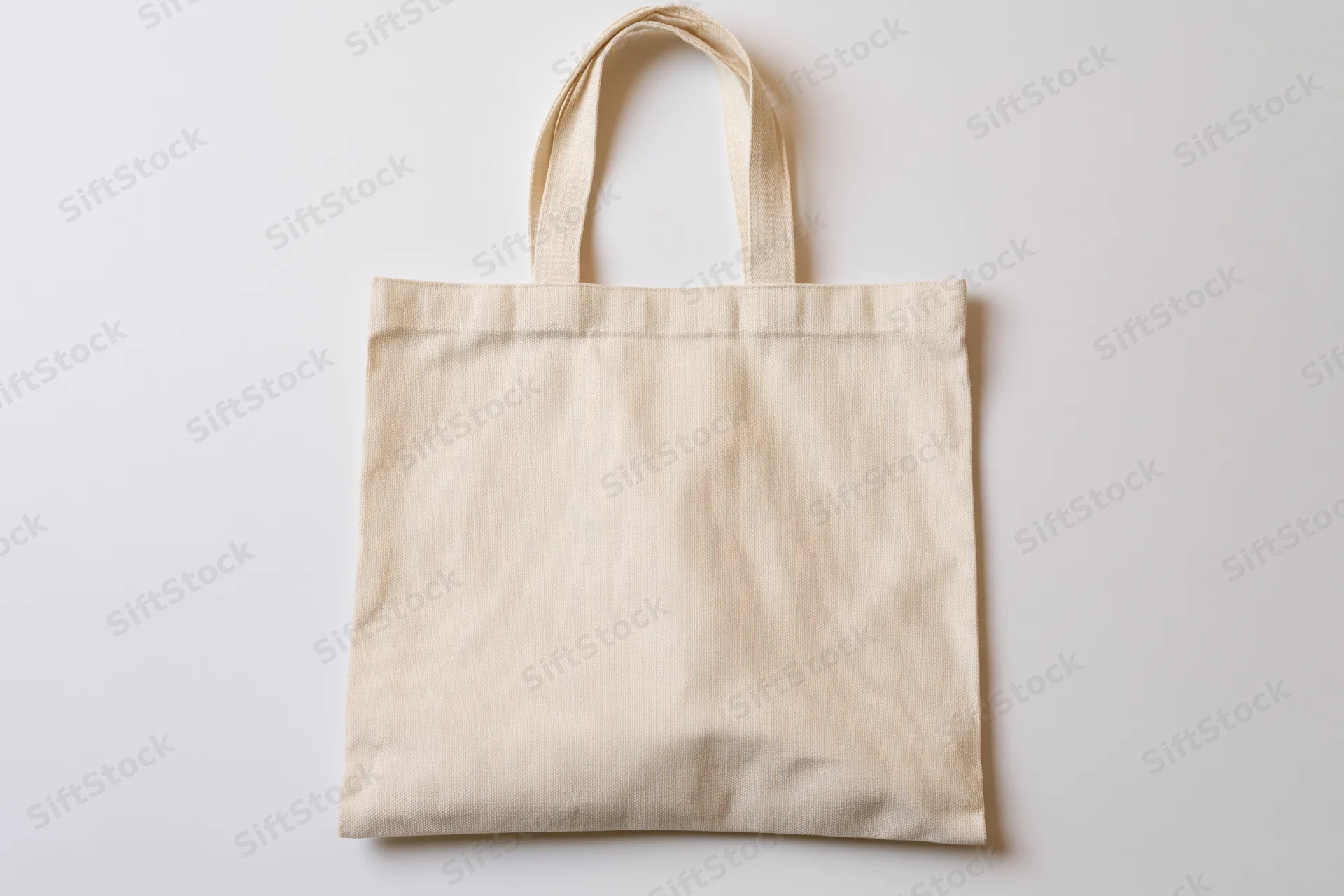 Cream canvas tote bag laid flat on white surface
