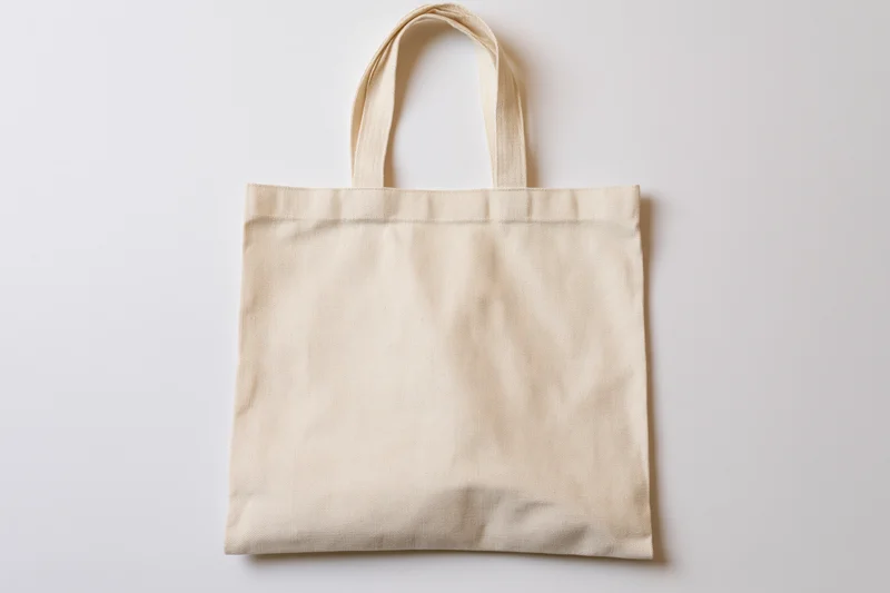 Cream canvas tote bag laid flat on white surface
