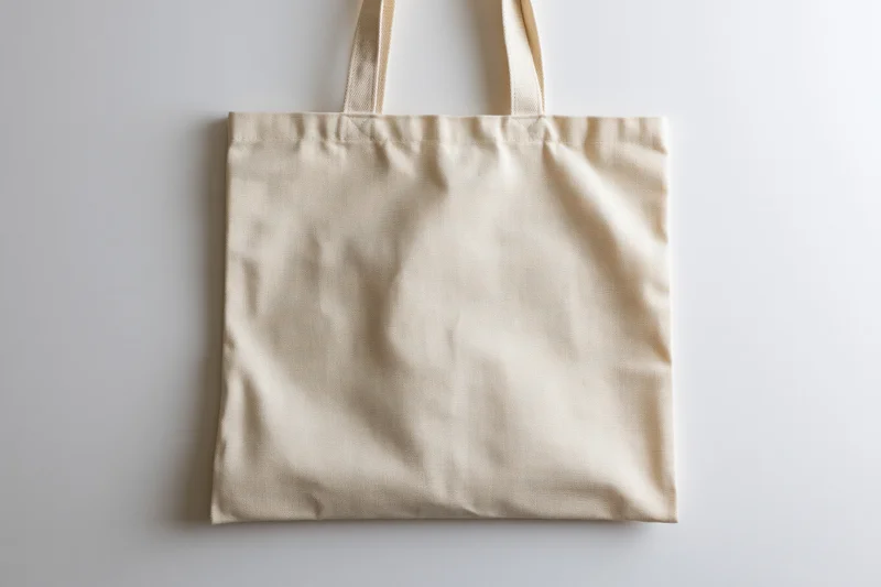 Cream canvas tote bag laid flat on white surface with copyspace for branding