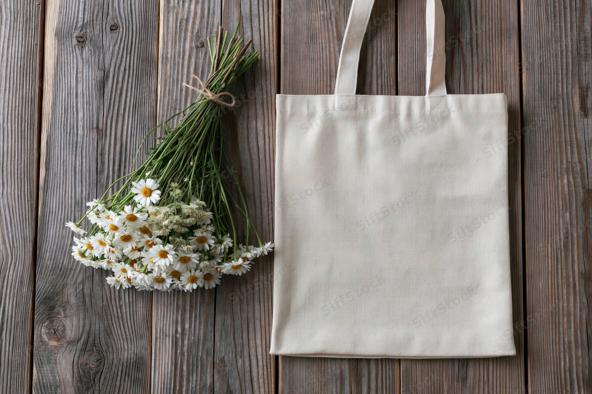 Cream canvas tote bag lying flat next to a bouquet of daisies on wooden surface