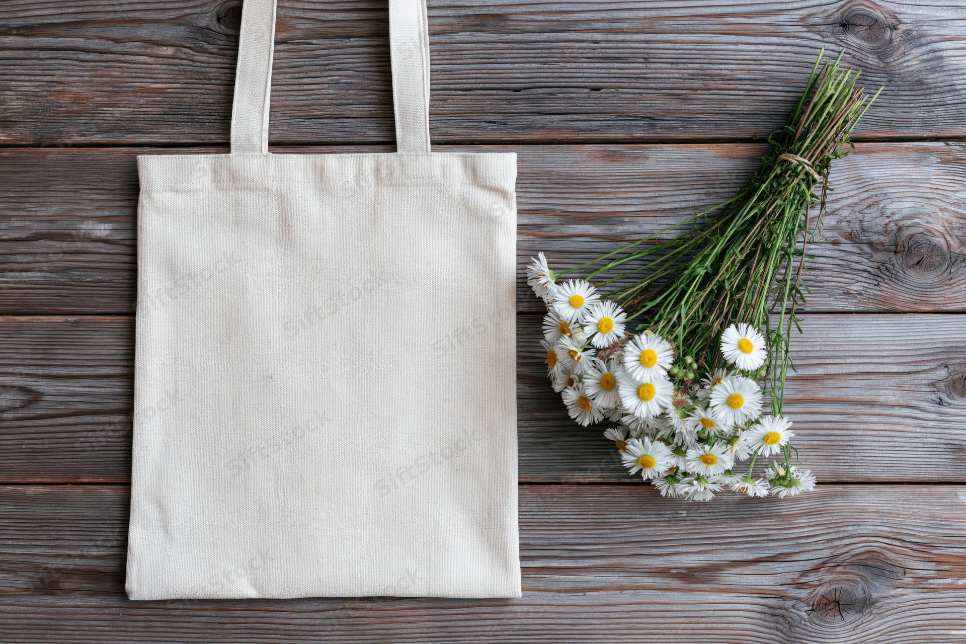 Cream canvas tote bag lying flat next to a bunch of daisies on a wooden surface