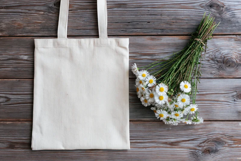 Cream canvas tote bag lying flat next to a bunch of daisies on a wooden surface