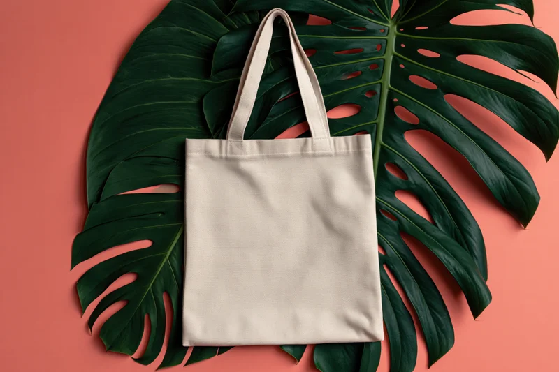 Cream canvas tote bag lying flat on large monstera leaf against pink background