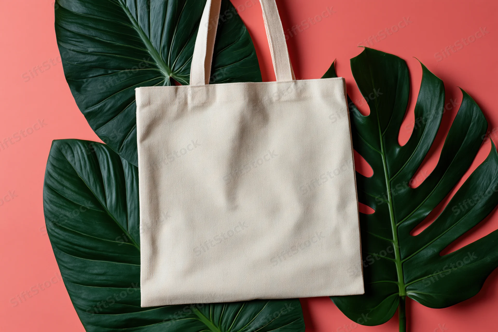Cream canvas tote bag lying flat on large monstera leaves against pink background