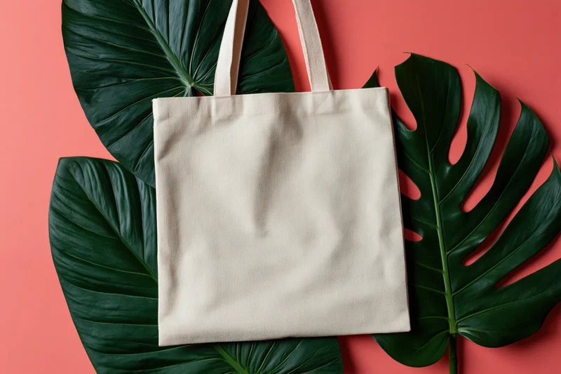 Cream canvas tote bag lying flat on large monstera leaves against pink background