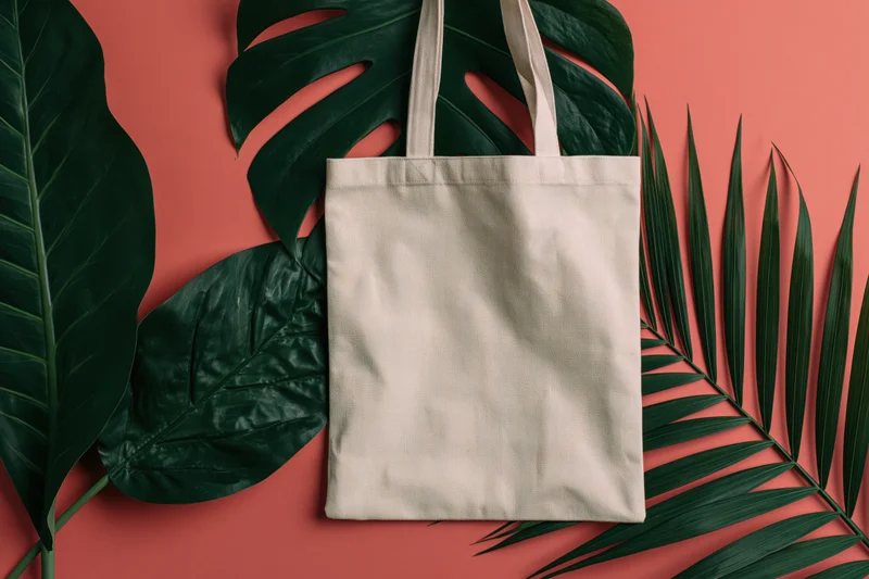 Cream canvas tote bag laid flat among large tropical leaves on pink background