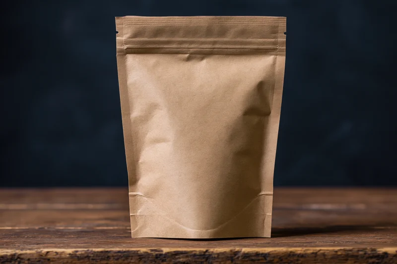 Blank kraft paper standup pouch on wooden table with dark background