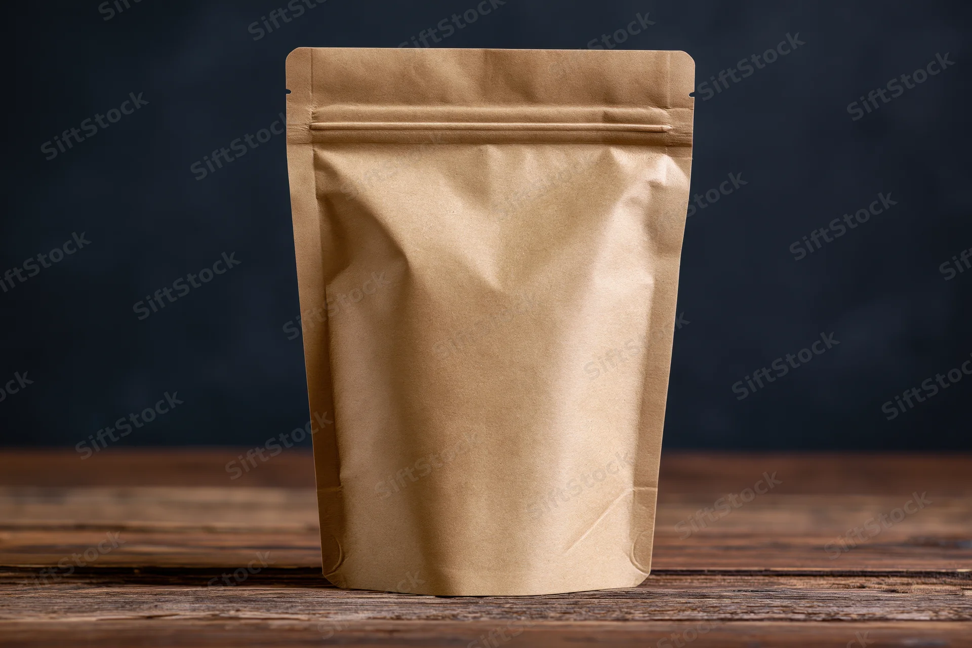 Blank kraft paper pouch standing upright on wooden table against dark background