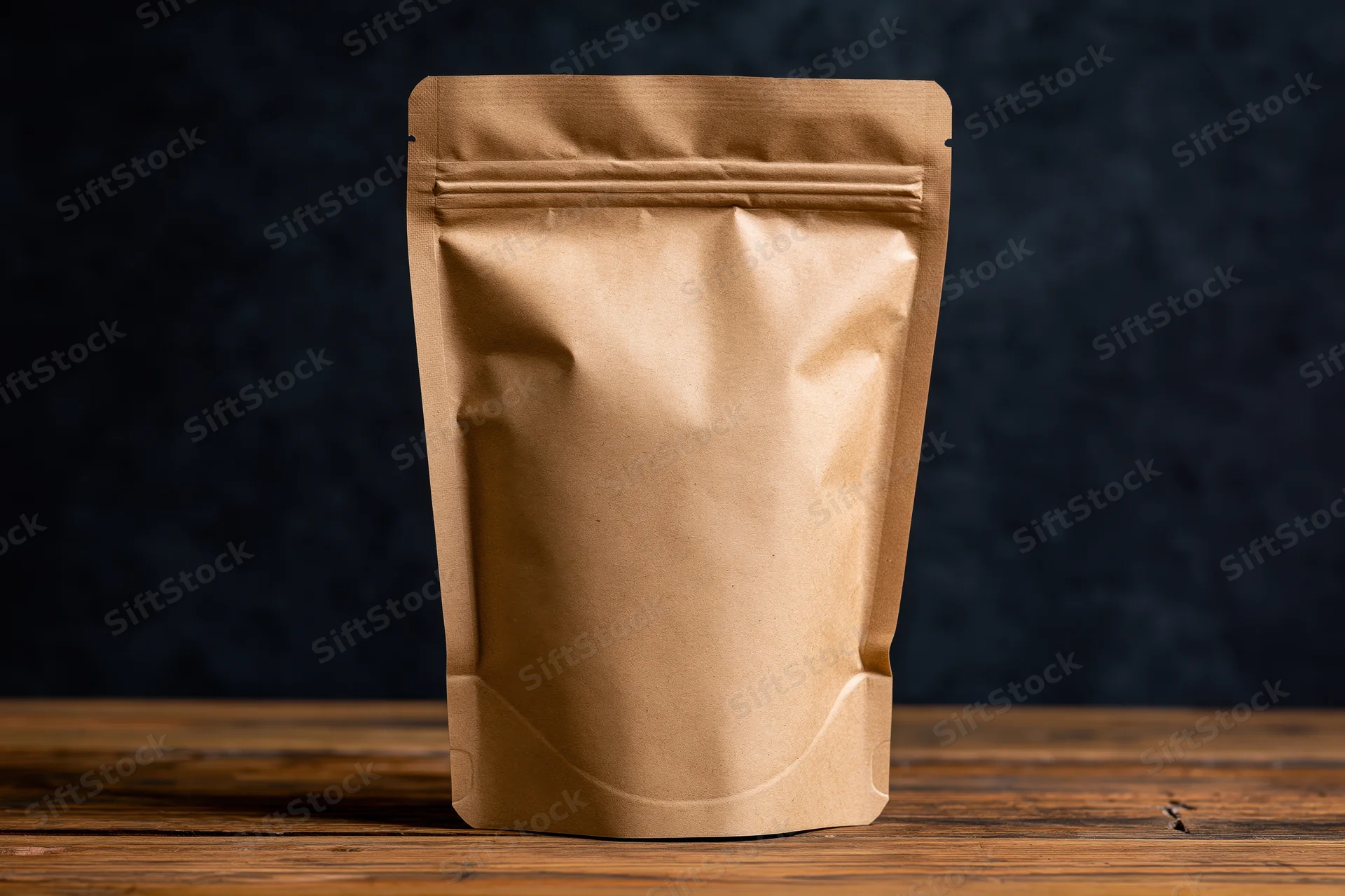 Brown kraft paper standup pouch with zip closure standing upright on wooden surface against dark background