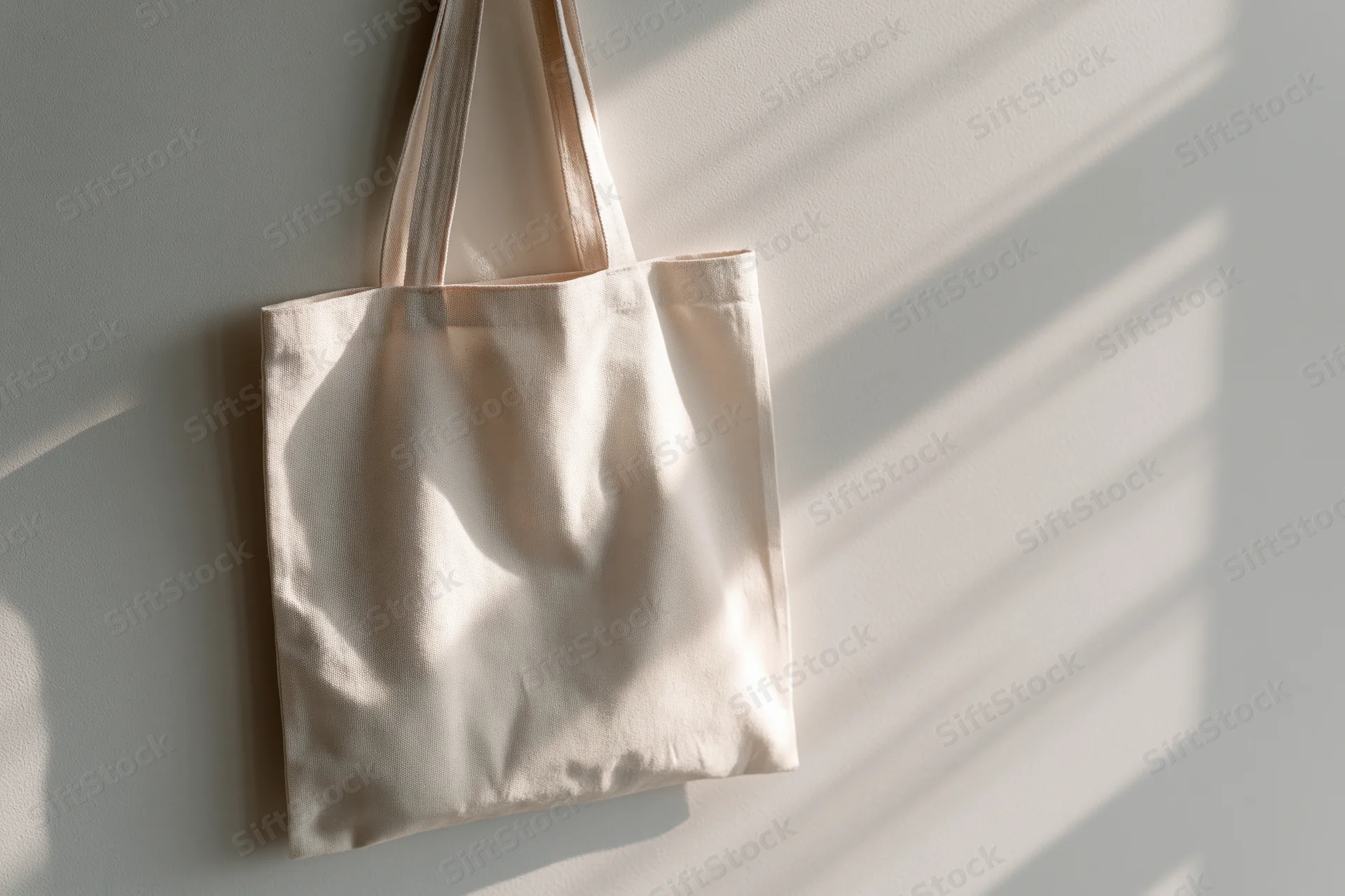 Blank natural canvas tote bag hanging flat against a white wall with sunlight casting striped shadows