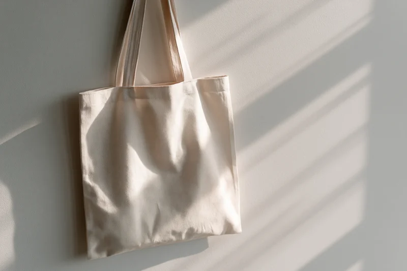 Blank natural canvas tote bag hanging flat against a white wall with sunlight casting striped shadows