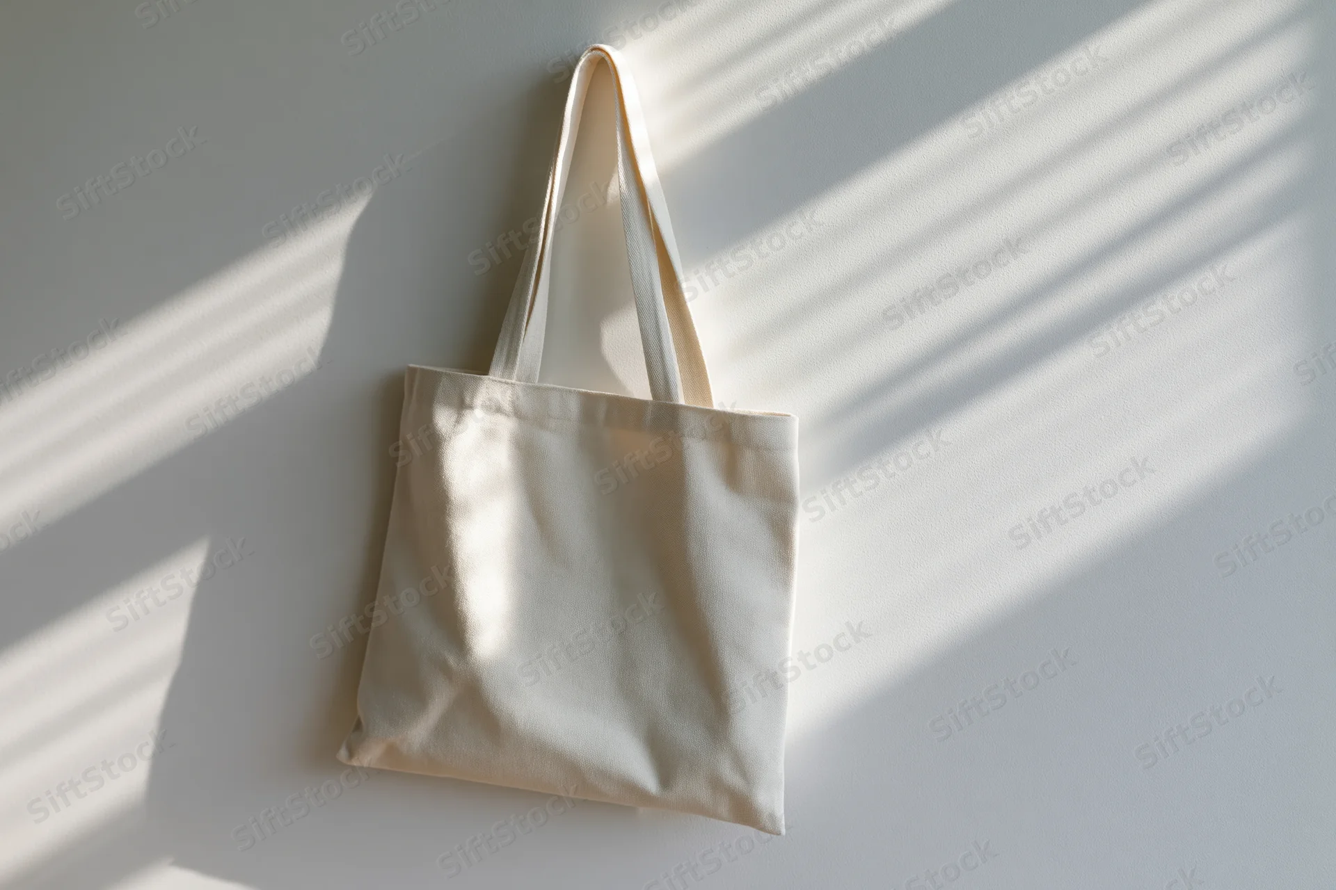Blank natural canvas tote bag hanging flat against a white wall with sunlight casting striped shadows