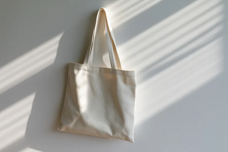 Blank natural canvas tote bag hanging flat against a white wall with sunlight casting striped shadows