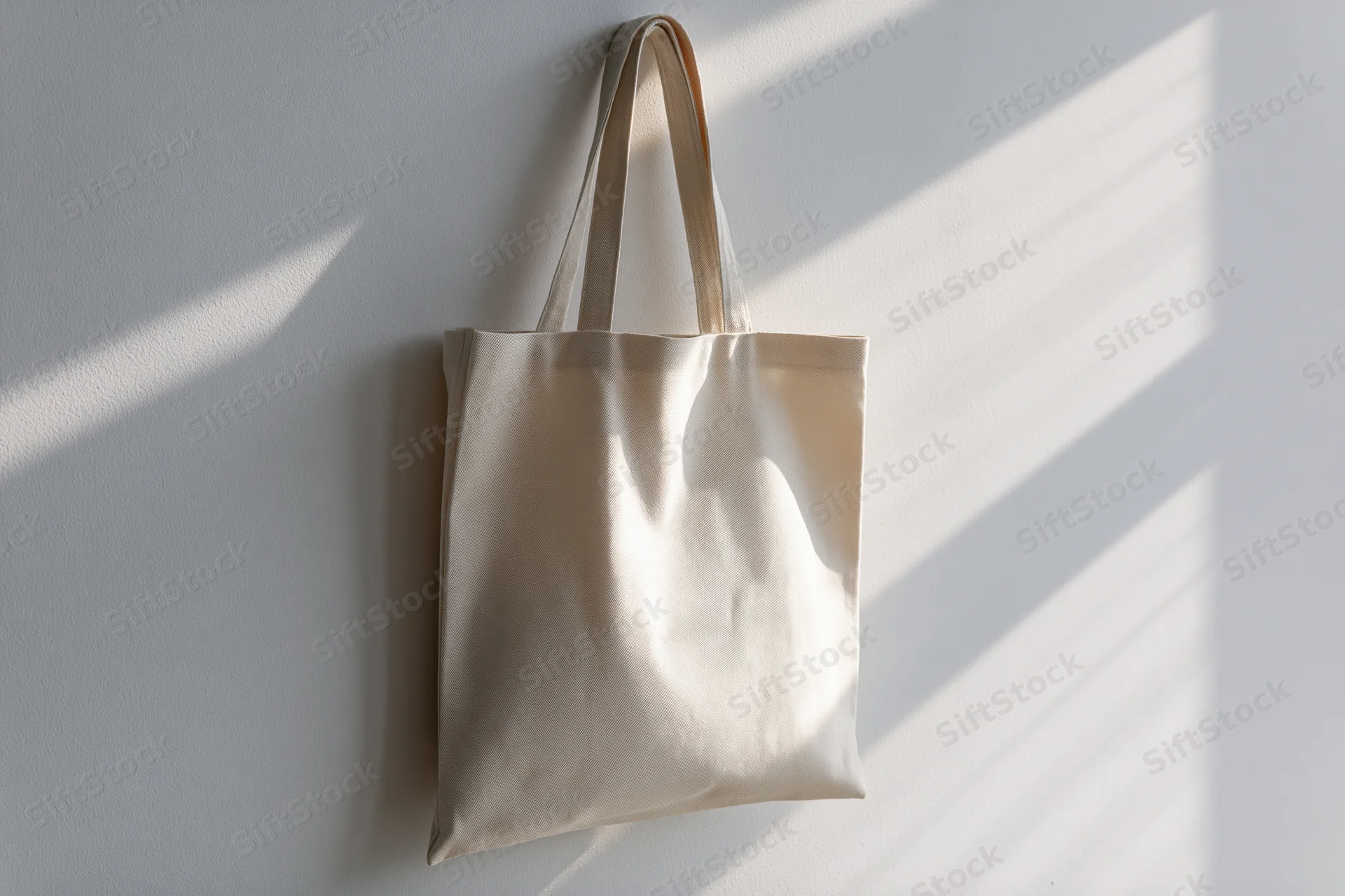 Blank natural canvas tote bag hanging flat against a white wall with sunlight casting striped shadows