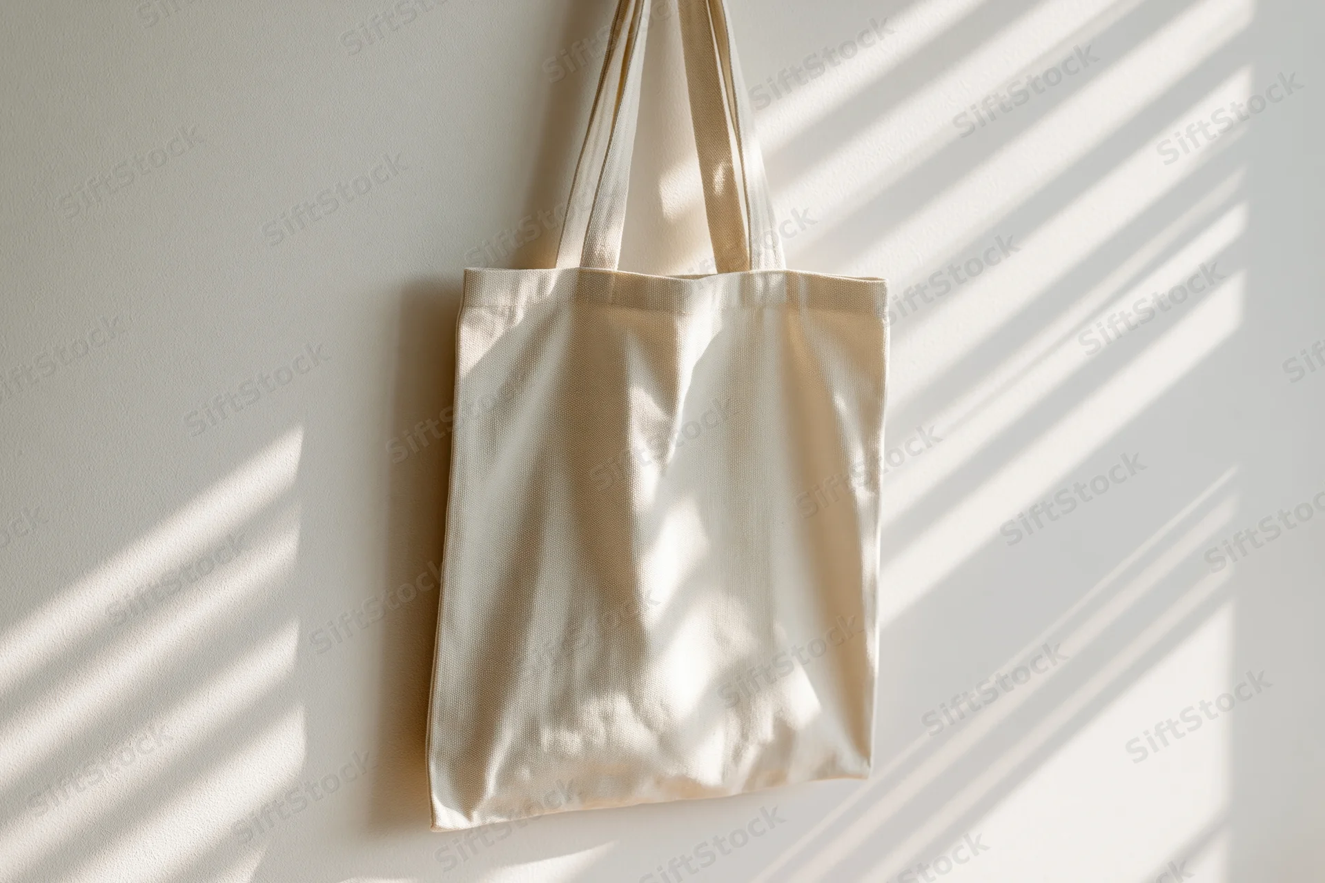 Blank natural canvas tote bag hanging flat against a white wall with sunlight casting striped shadows