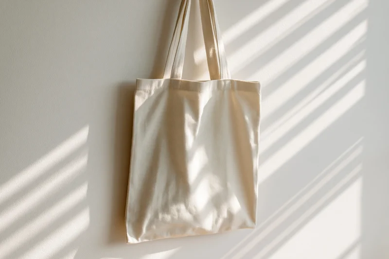 Blank natural canvas tote bag hanging flat against a white wall with sunlight casting striped shadows