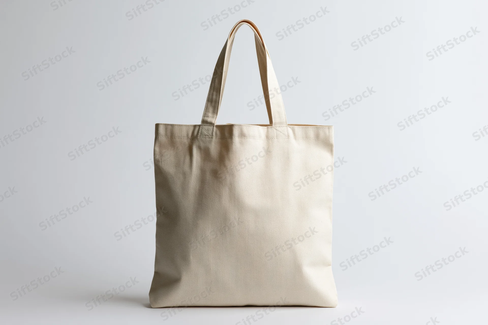 Blank natural canvas tote bag standing upright on white background