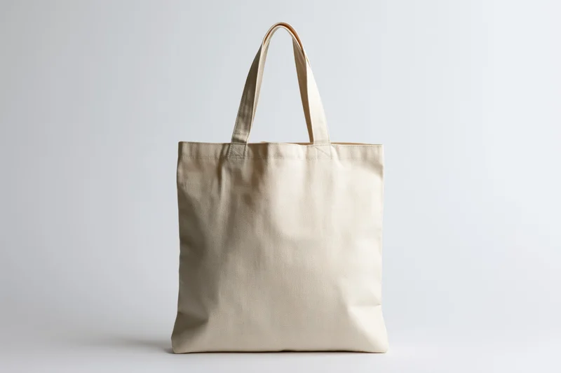 Blank natural canvas tote bag standing upright on white background