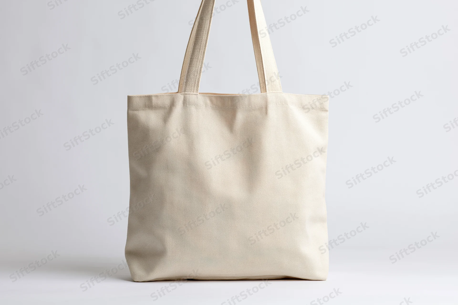 Blank natural canvas tote bag hanging upright front view on white background